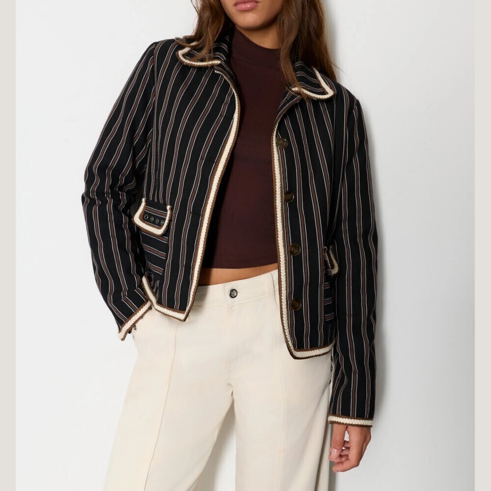 Black / Brown Striped Contrast Trim Button Front Cropped Jacket